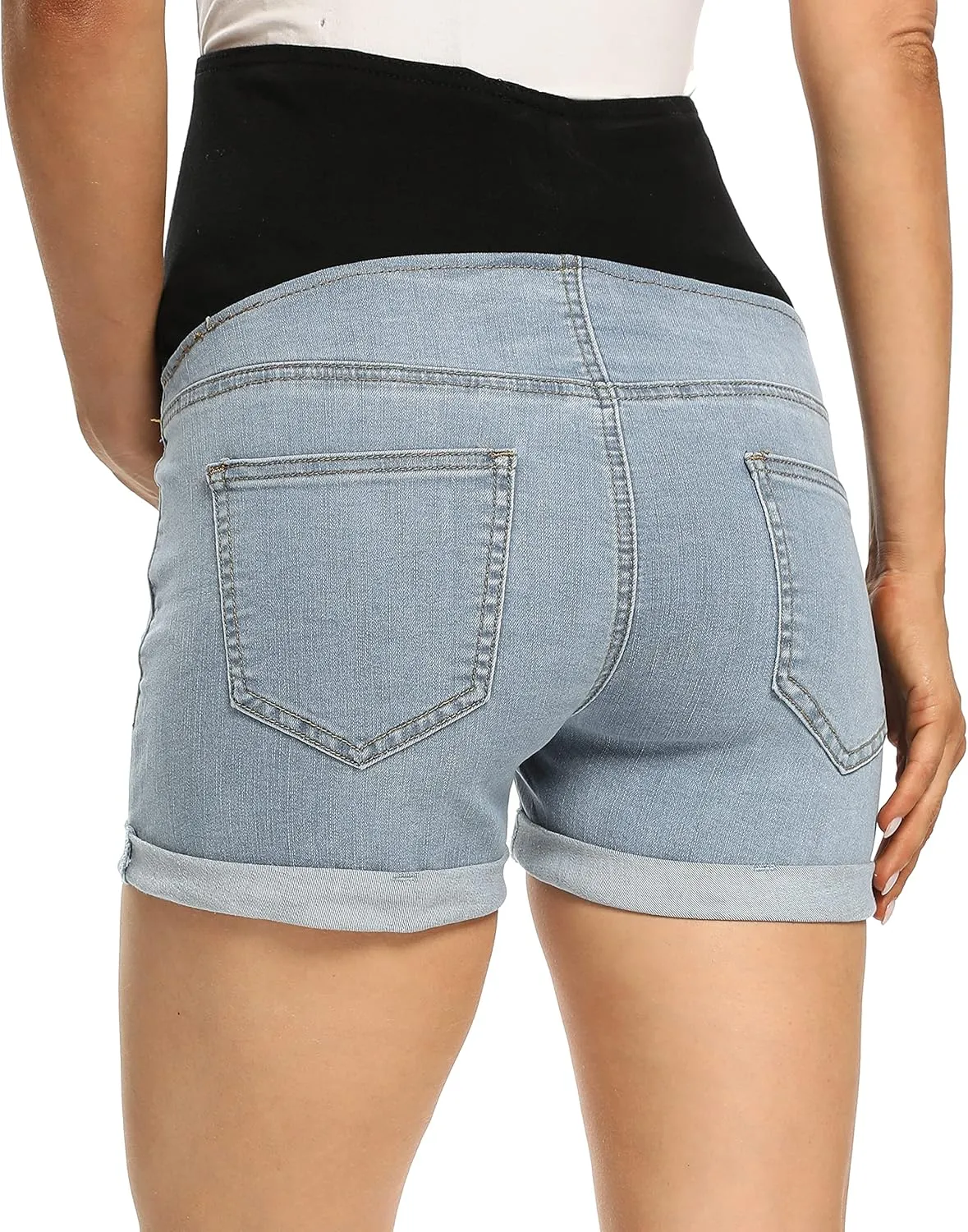 Foucome Maternity Denim Shorts Over Bump Ripped Distressed Folded Hem Blue Jean Shorts Comfy Summer Pregnancy Shorts