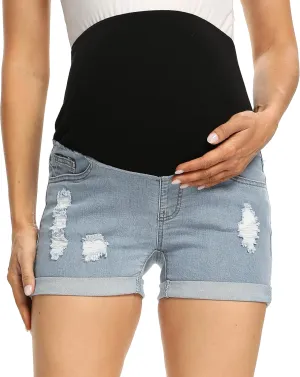Foucome Maternity Denim Shorts Over Bump Ripped Distressed Folded Hem Blue Jean Shorts Comfy Summer Pregnancy Shorts