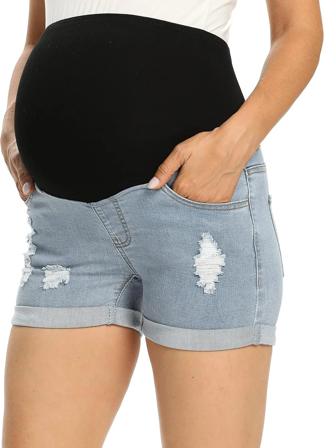 Foucome Maternity Denim Shorts Over Bump Ripped Distressed Folded Hem Blue Jean Shorts Comfy Summer Pregnancy Shorts