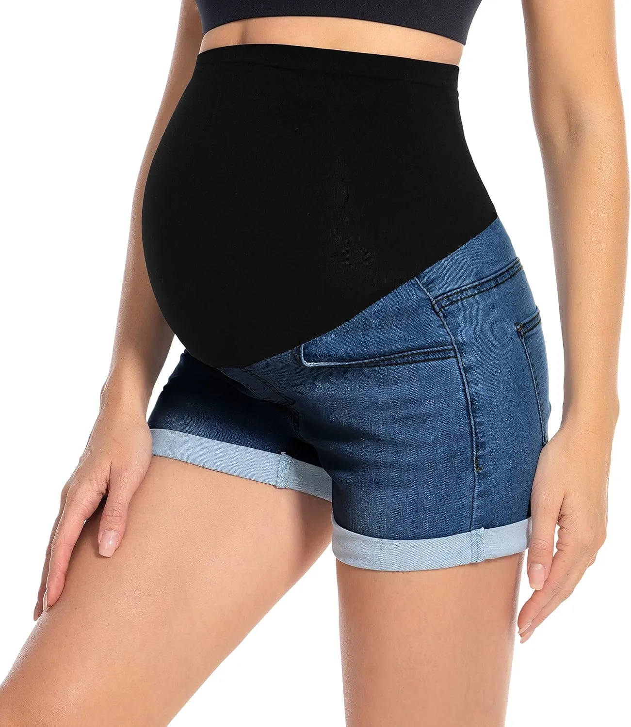 Foucome Maternity Denim Shorts Over Bump Ripped Distressed Folded Hem Blue Jean Shorts Comfy Summer Pregnancy Shorts