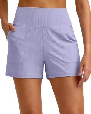 G4Free Ribbed Stretchy Womens Shorts Casual High Waisted Athletic Running Golf Lounge Shorts with Pockets