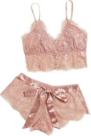 GORGLITTER Women's Pajama Set 2 Piece Lace Cami Crop Tops Tie Front Shorts Lingerie Set