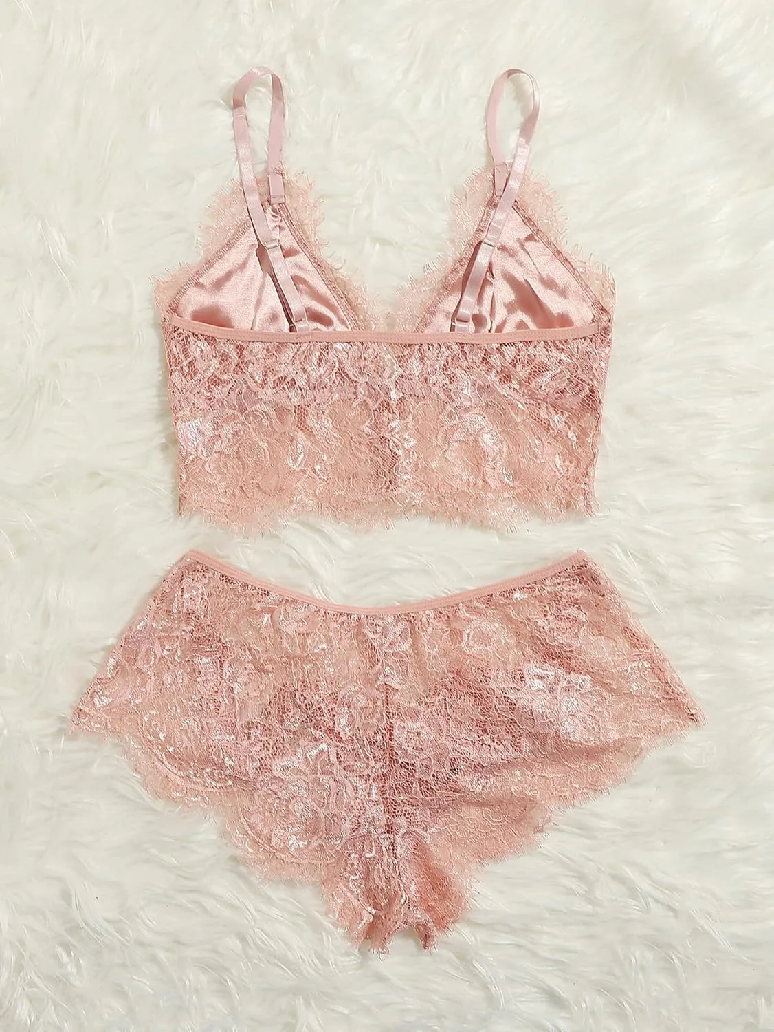 GORGLITTER Women's Pajama Set 2 Piece Lace Cami Crop Tops Tie Front Shorts Lingerie Set