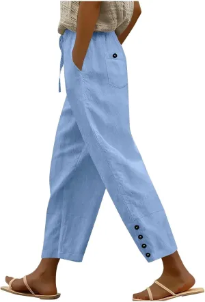 HGps8w Linen Pants for Women 2025 Summer Straight Leg Casual Elastic High Waisted Comfy Loose Beach Trousers with Pockets