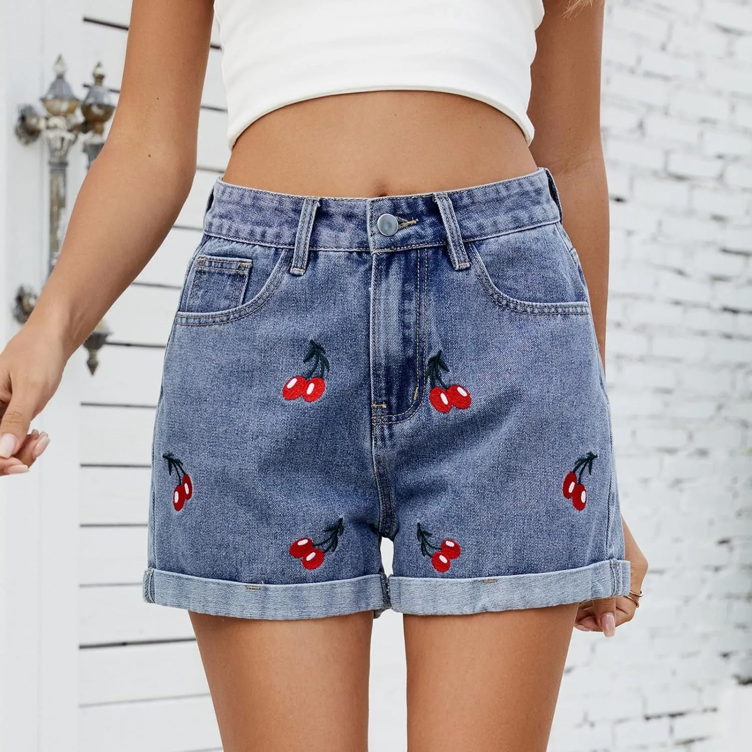 HGps8w Women's Embroidery Cute Stretchy Jean Shorts - High Waisted Casual Summer Folded Hem Denim Shorts with Pockets