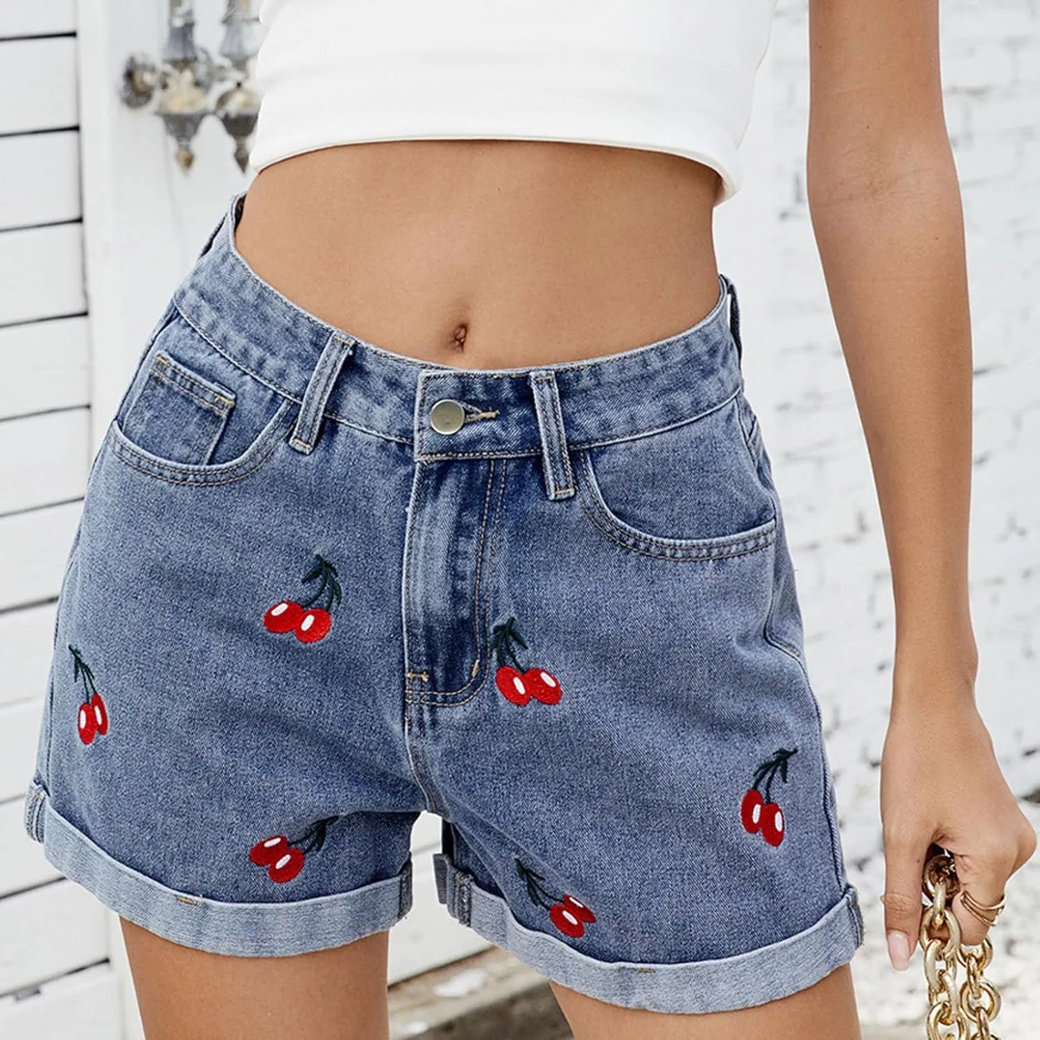 HGps8w Women's Embroidery Cute Stretchy Jean Shorts - High Waisted Casual Summer Folded Hem Denim Shorts with Pockets