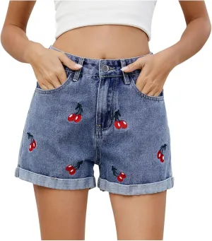 HGps8w Women's Embroidery Cute Stretchy Jean Shorts - High Waisted Casual Summer Folded Hem Denim Shorts with Pockets
