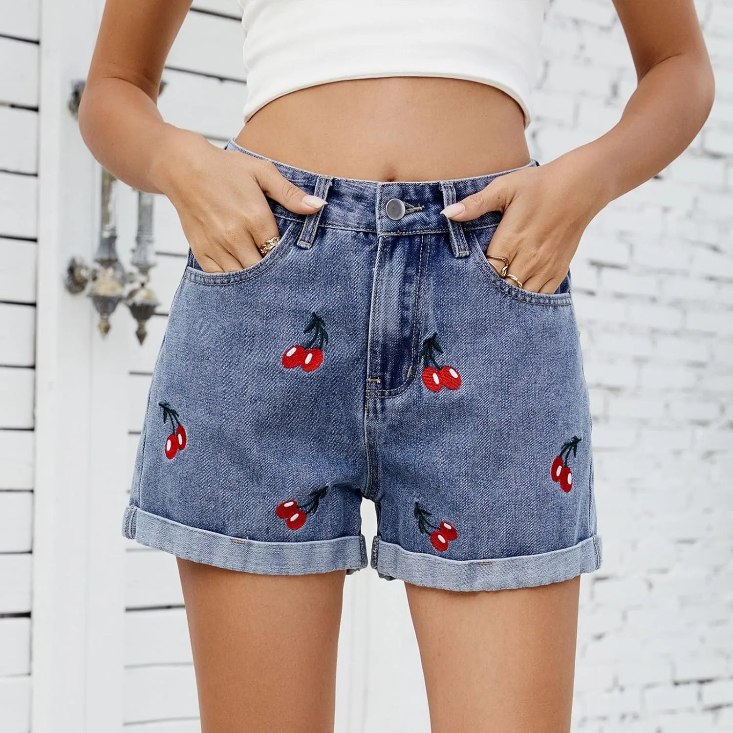 HGps8w Women's Embroidery Cute Stretchy Jean Shorts - High Waisted Casual Summer Folded Hem Denim Shorts with Pockets