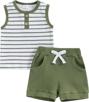 Hnyenmcko Baby Boy Summer Clothes Striped Print Sleeveless Ribbed Tank Tops   Elastic Solid Shorts Sets 2Pcs Toddler Outfits
