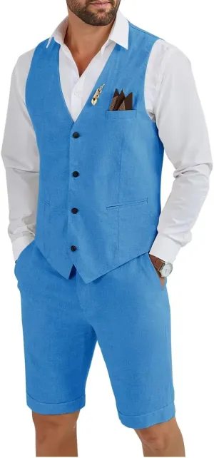 HUUTOE Mens 2 Piece Linen Suits Set Vest with Short Pants Slim Fit Beach Wedding Groomsmen Suits
