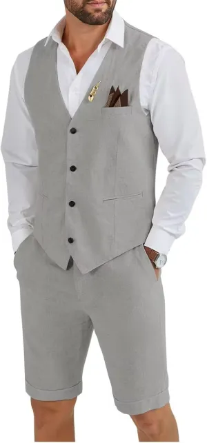 HUUTOE Mens 2 Piece Linen Suits Set Vest with Short Pants Slim Fit Beach Wedding Groomsmen Suits