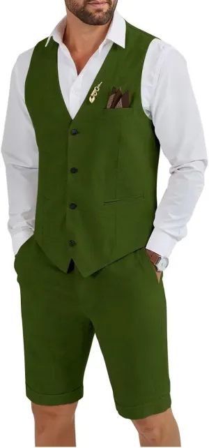 HUUTOE Mens 2 Piece Linen Suits Set Vest with Short Pants Slim Fit Beach Wedding Groomsmen Suits