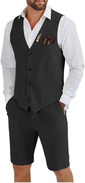 HUUTOE Mens 2 Piece Linen Suits Set Vest with Short Pants Slim Fit Beach Wedding Groomsmen Suits