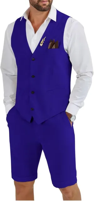 HUUTOE Mens 2 Piece Linen Suits Set Vest with Short Pants Slim Fit Beach Wedding Groomsmen Suits