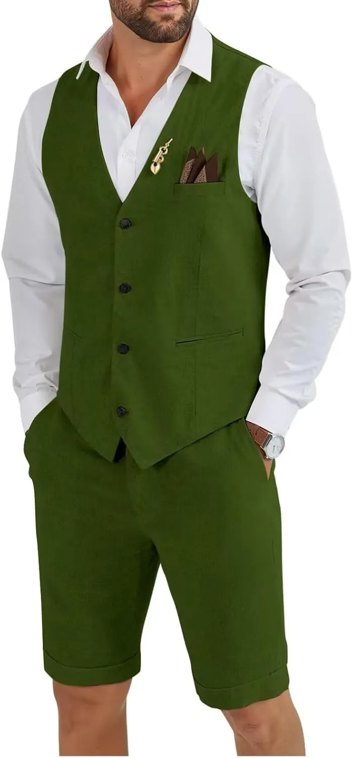 HUUTOE Mens 2 Piece Linen Suits Set Vest with Short Pants Slim Fit Beach Wedding Groomsmen Suits