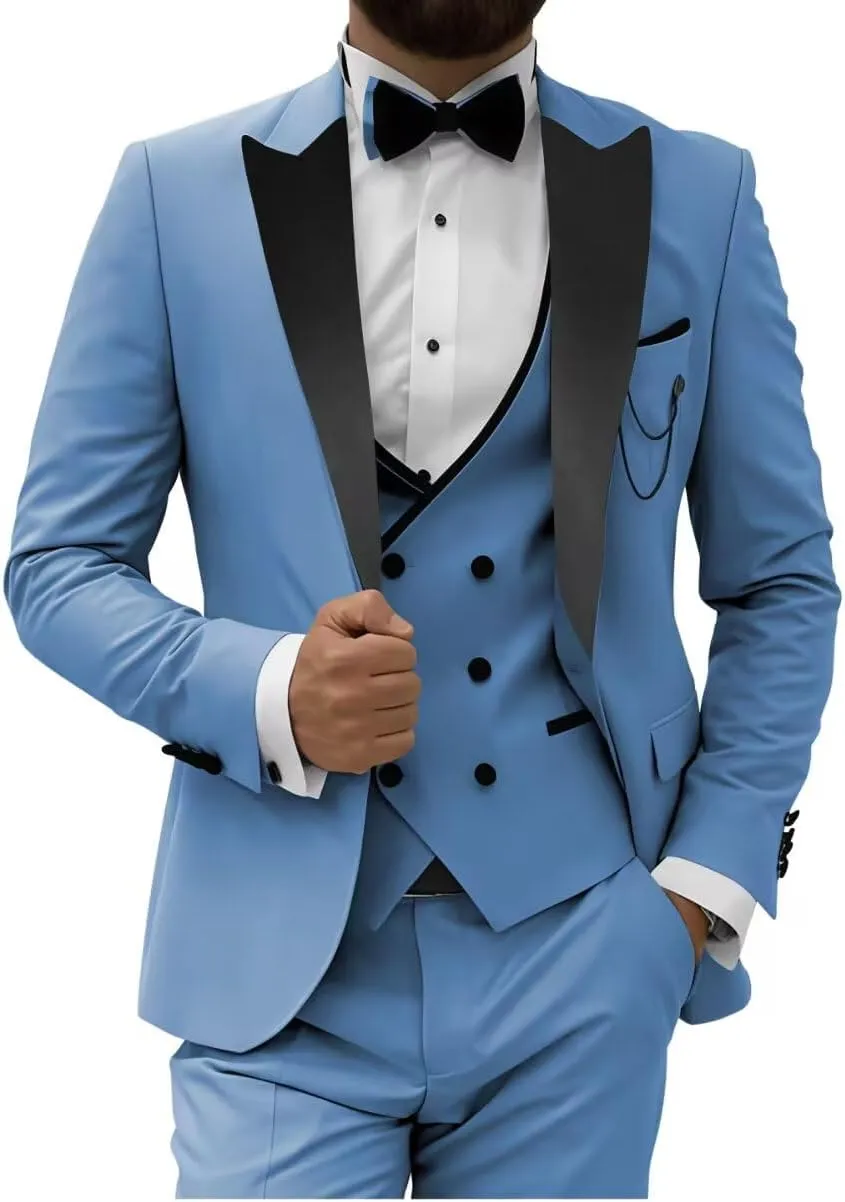 HUUTOE Men's 3 Piece Slim Fit Prom Suits Black Tuxedos for Men 2025 Double Breasted Suit Men Homecoming Wedding Suit Tux