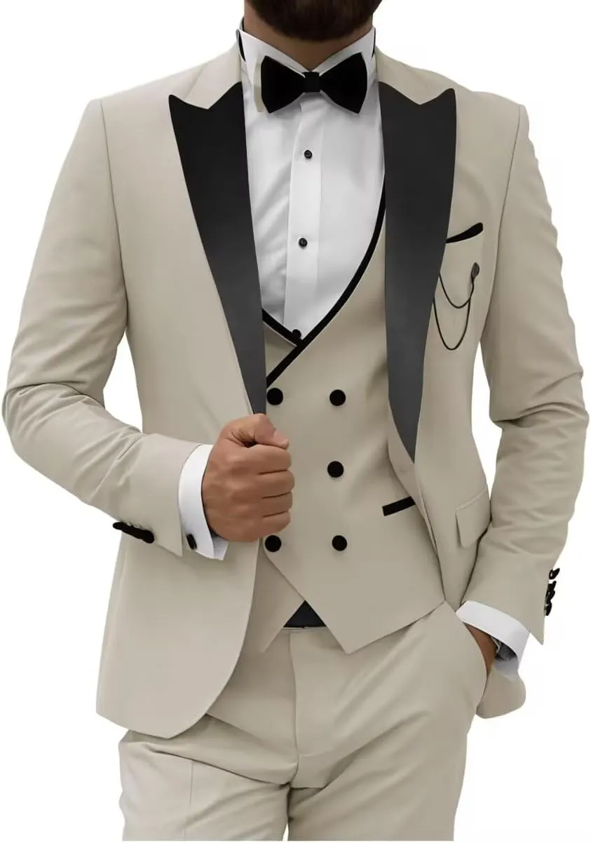 HUUTOE Men's 3 Piece Slim Fit Prom Suits Black Tuxedos for Men 2025 Double Breasted Suit Men Homecoming Wedding Suit Tux