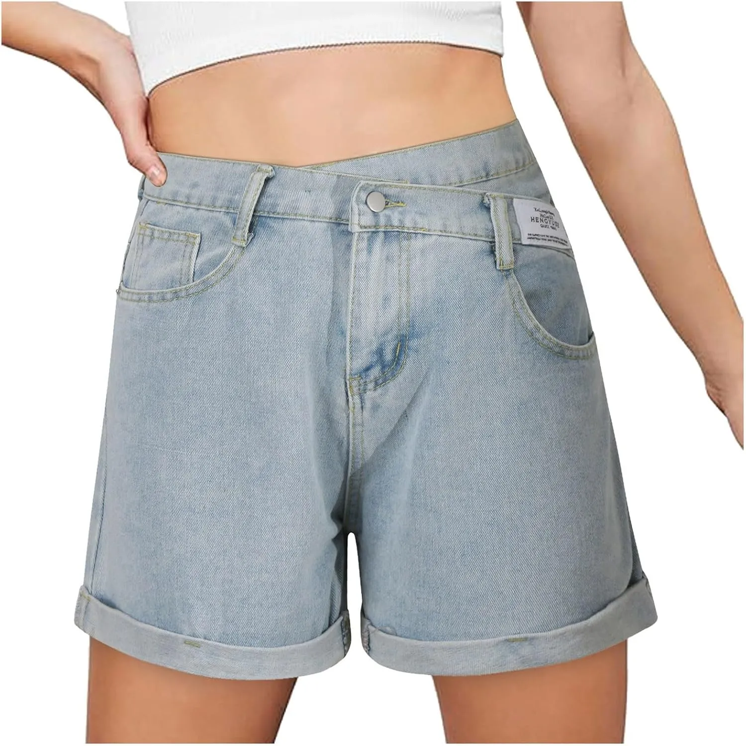 Jeans Shorts Womens Stretchy High Waisted Denim Shorts Ripped Summer Folded Hem Casual Cut Off Shorts with