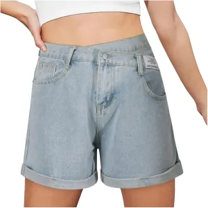 Jeans Shorts Womens Stretchy High Waisted Denim Shorts Ripped Summer Folded Hem Casual Cut Off Shorts with