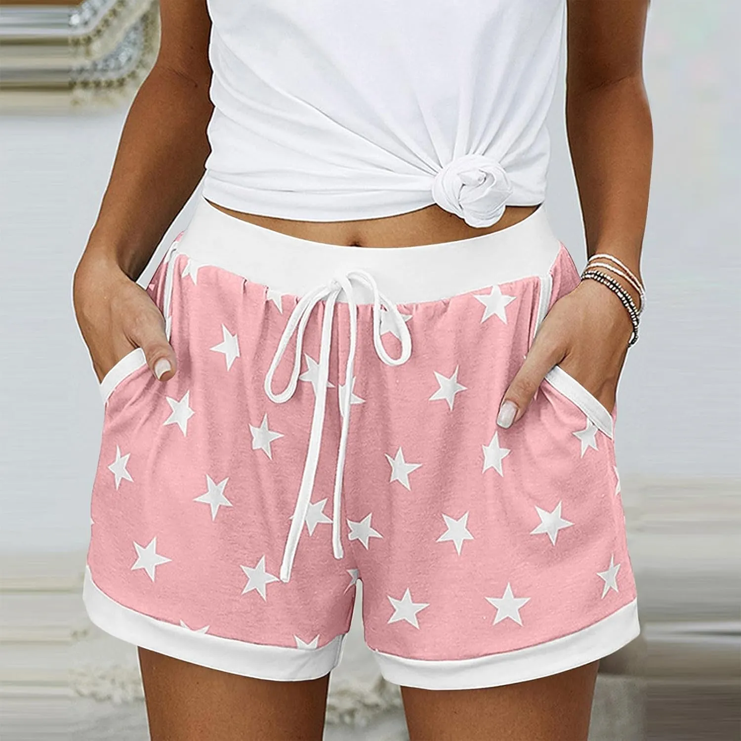 JIEMUXIU Shorts for Women Trendy 2025 Casual Stars Printed Drawstring Shorts Summer Beach Elastic Waist Vacation Clothes