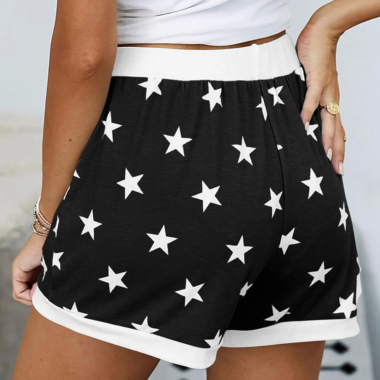JIEMUXIU Shorts for Women Trendy 2025 Casual Stars Printed Drawstring Shorts Summer Beach Elastic Waist Vacation Clothes