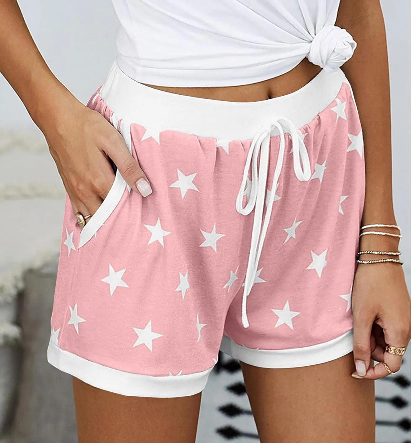 JIEMUXIU Shorts for Women Trendy 2025 Casual Stars Printed Drawstring Shorts Summer Beach Elastic Waist Vacation Clothes