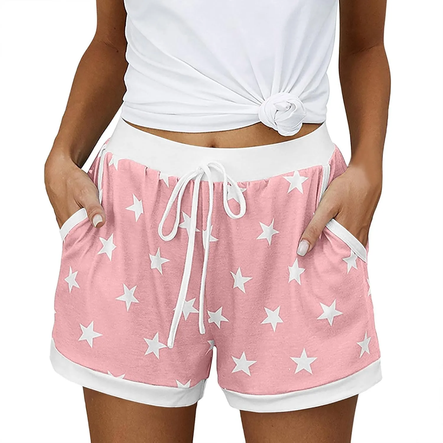 JIEMUXIU Shorts for Women Trendy 2025 Casual Stars Printed Drawstring Shorts Summer Beach Elastic Waist Vacation Clothes
