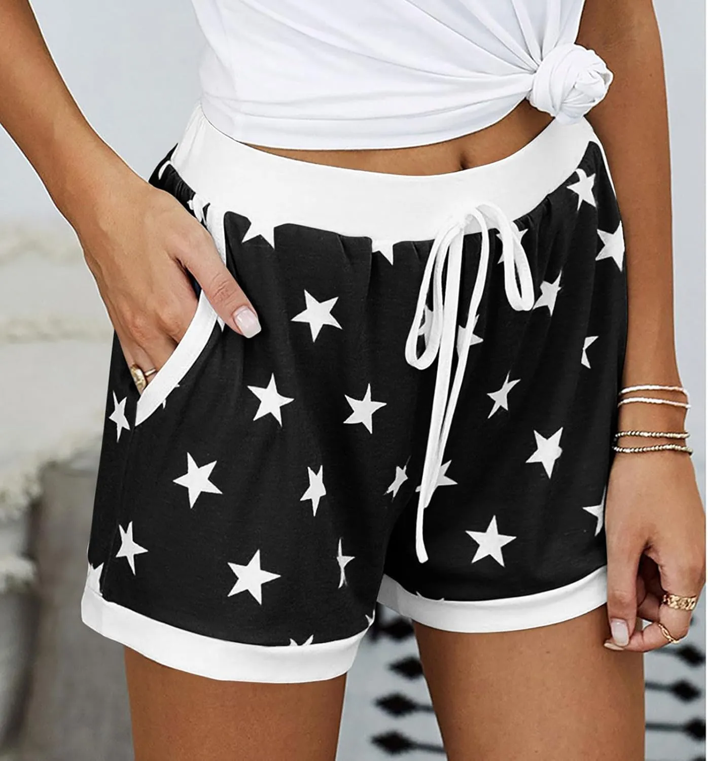 JIEMUXIU Shorts for Women Trendy 2025 Casual Stars Printed Drawstring Shorts Summer Beach Elastic Waist Vacation Clothes