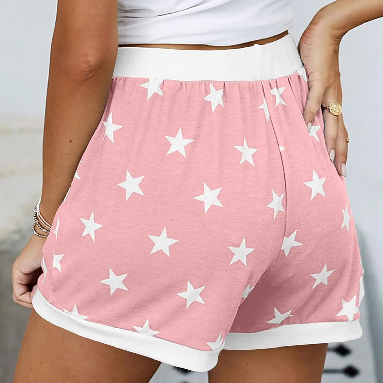 JIEMUXIU Shorts for Women Trendy 2025 Casual Stars Printed Drawstring Shorts Summer Beach Elastic Waist Vacation Clothes