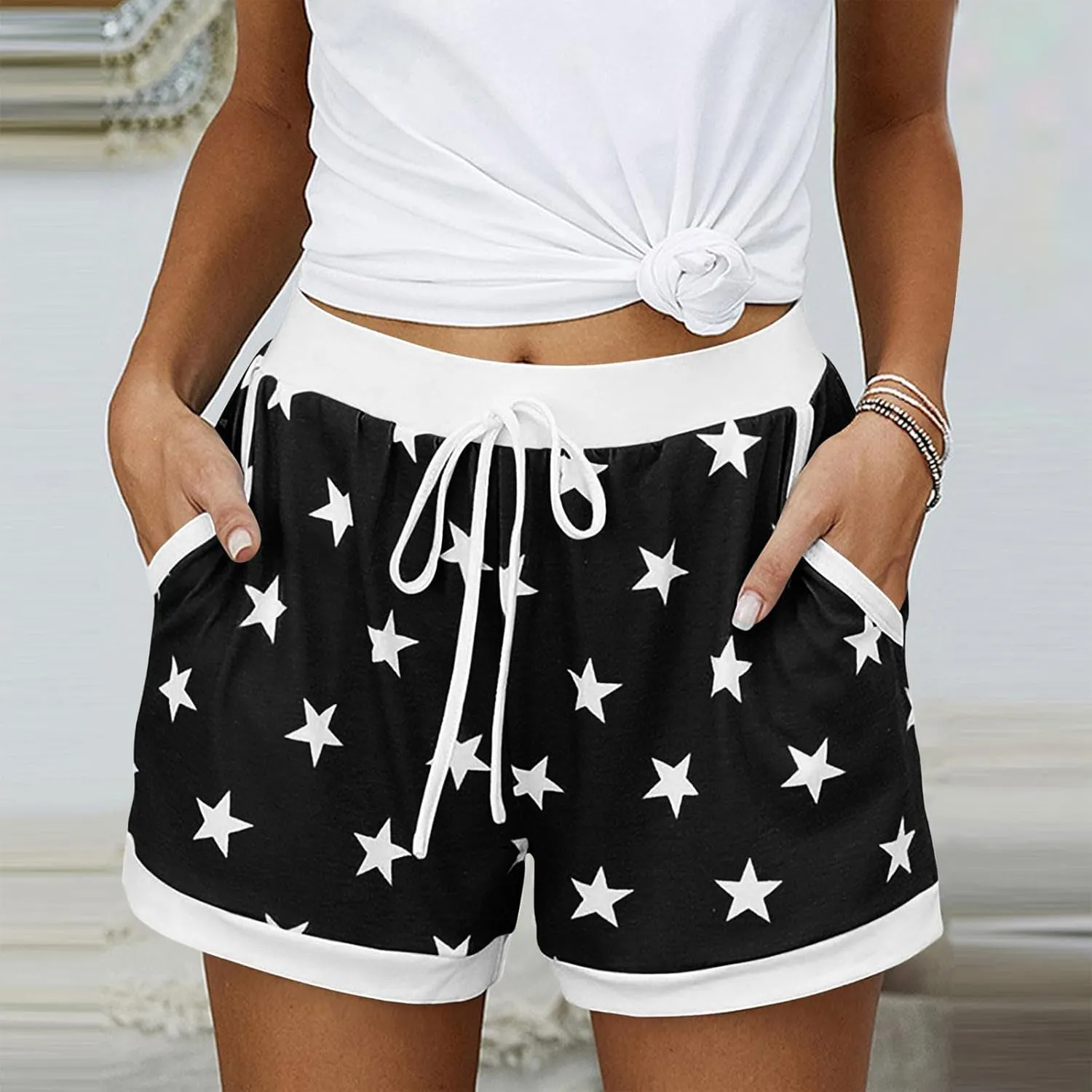 JIEMUXIU Shorts for Women Trendy 2025 Casual Stars Printed Drawstring Shorts Summer Beach Elastic Waist Vacation Clothes