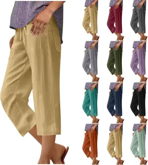 JOAU Capris Pants for Women 2025 Cotton Linen Casual Summer Straight Wide Leg Loose Drawstring Elastic Waist Cropped Trouser