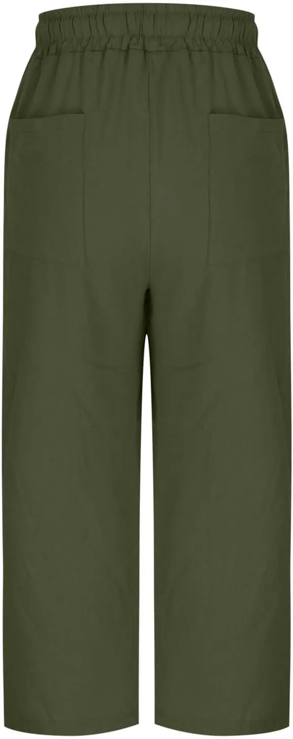 JOAU Capris Pants for Women 2025 Cotton Linen Casual Summer Straight Wide Leg Loose Drawstring Elastic Waist Cropped Trouser