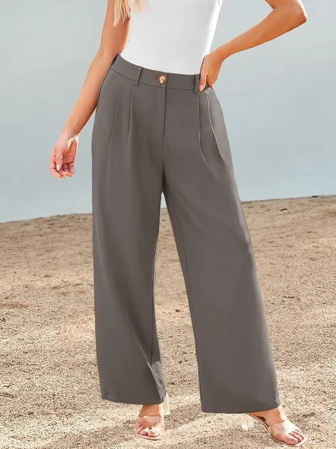 JURIS Women's High Waisted Wide Leg Formal Pants Elasticized Waist Back Casual Pants Business Work Suit Pants