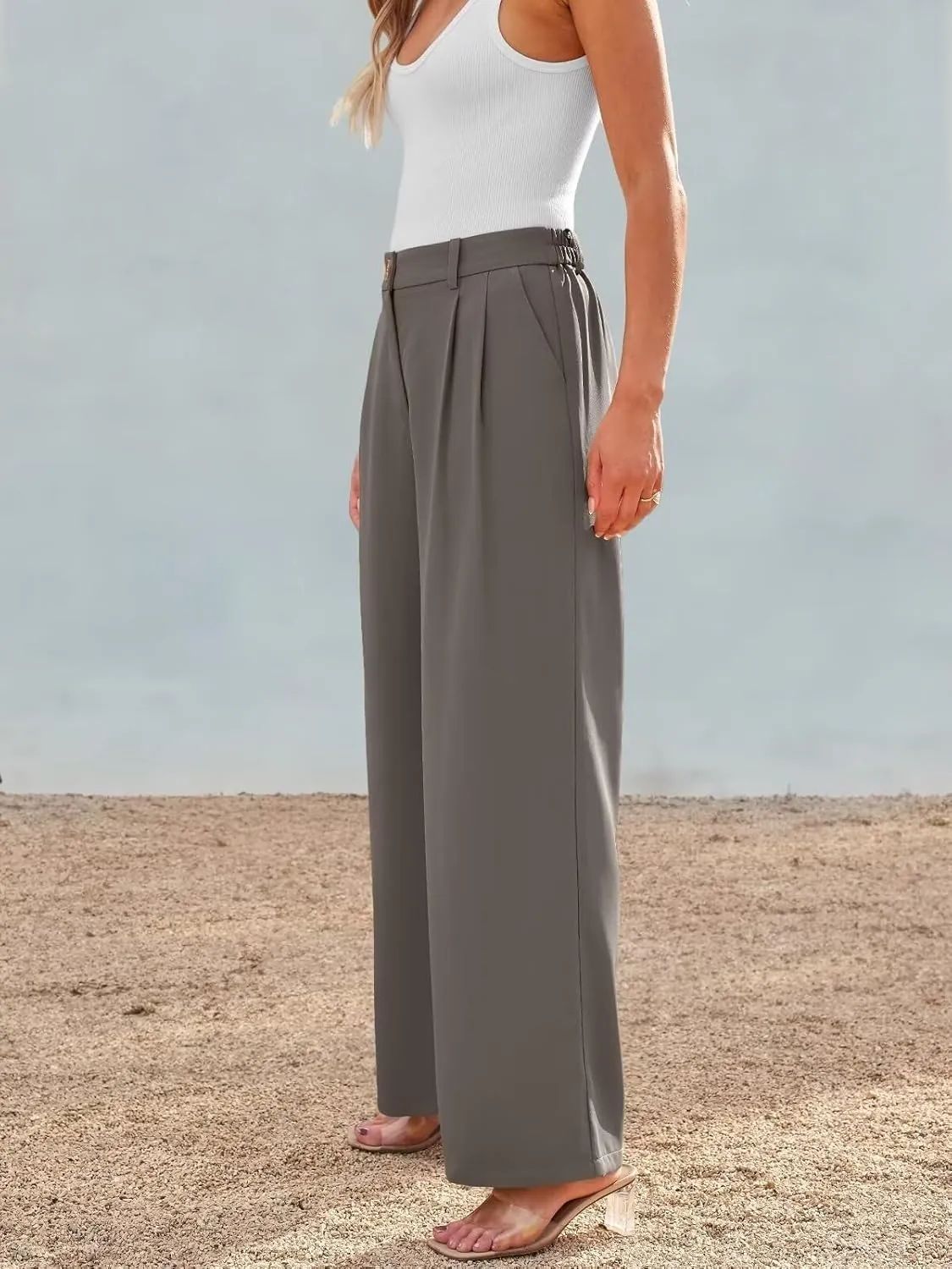 JURIS Women's High Waisted Wide Leg Formal Pants Elasticized Waist Back Casual Pants Business Work Suit Pants