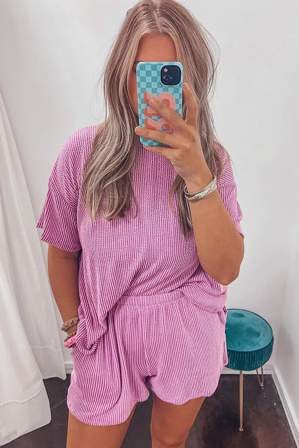 KevaMolly Womens Lounge Sets Ribbed Textured Knit Loose Fit Tee and Shorts Set Short Sleeve Top and Shorts