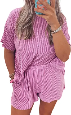 KevaMolly Womens Lounge Sets Ribbed Textured Knit Loose Fit Tee and Shorts Set Short Sleeve Top and Shorts