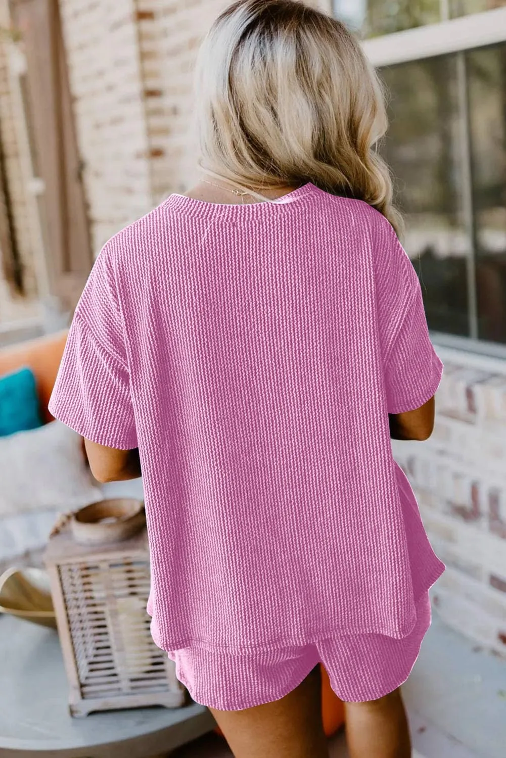 KevaMolly Womens Lounge Sets Ribbed Textured Knit Loose Fit Tee and Shorts Set Short Sleeve Top and Shorts