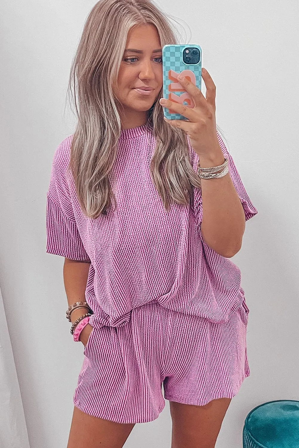 KevaMolly Womens Lounge Sets Ribbed Textured Knit Loose Fit Tee and Shorts Set Short Sleeve Top and Shorts