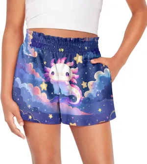 Kids Athletic Shorts for Girls 1-16 Years Casual Runing Shorts High Waisted Cute Graphic Shorts with Pockets
