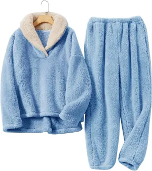 Kissonic Women's Coral Fleece Pajamas Set Flannel Loose Plush Sleepwear Lounge Wear Outfits Pullover and Pants(Blue-XL)