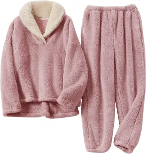 Kissonic Women's Coral Fleece Pajamas Set Flannel Loose Plush Sleepwear Lounge Wear Outfits Pullover and Pants(Pink-M)