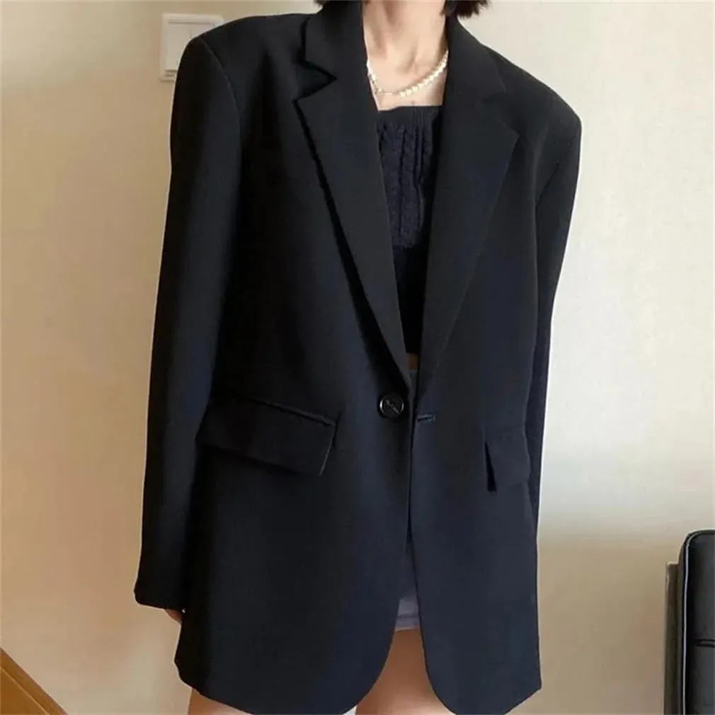 Ladies Loose Single Button Casual Suit Coat Vintage Streetwear Concise Long Sleeve Blazer