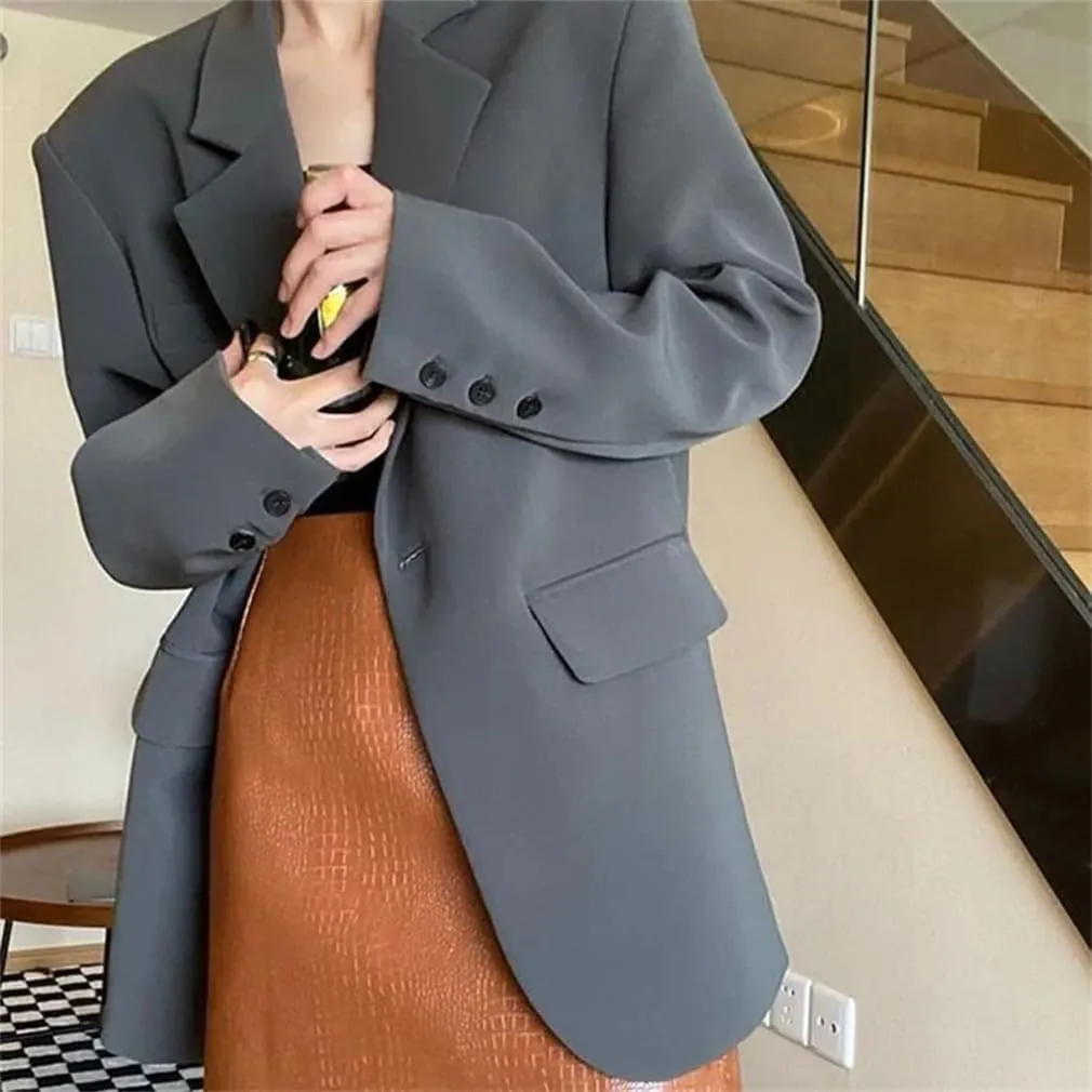 Ladies Loose Single Button Casual Suit Coat Vintage Streetwear Concise Long Sleeve Blazer