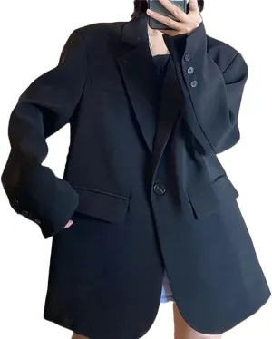 Ladies Loose Single Button Casual Suit Coat Vintage Streetwear Concise Long Sleeve Blazer