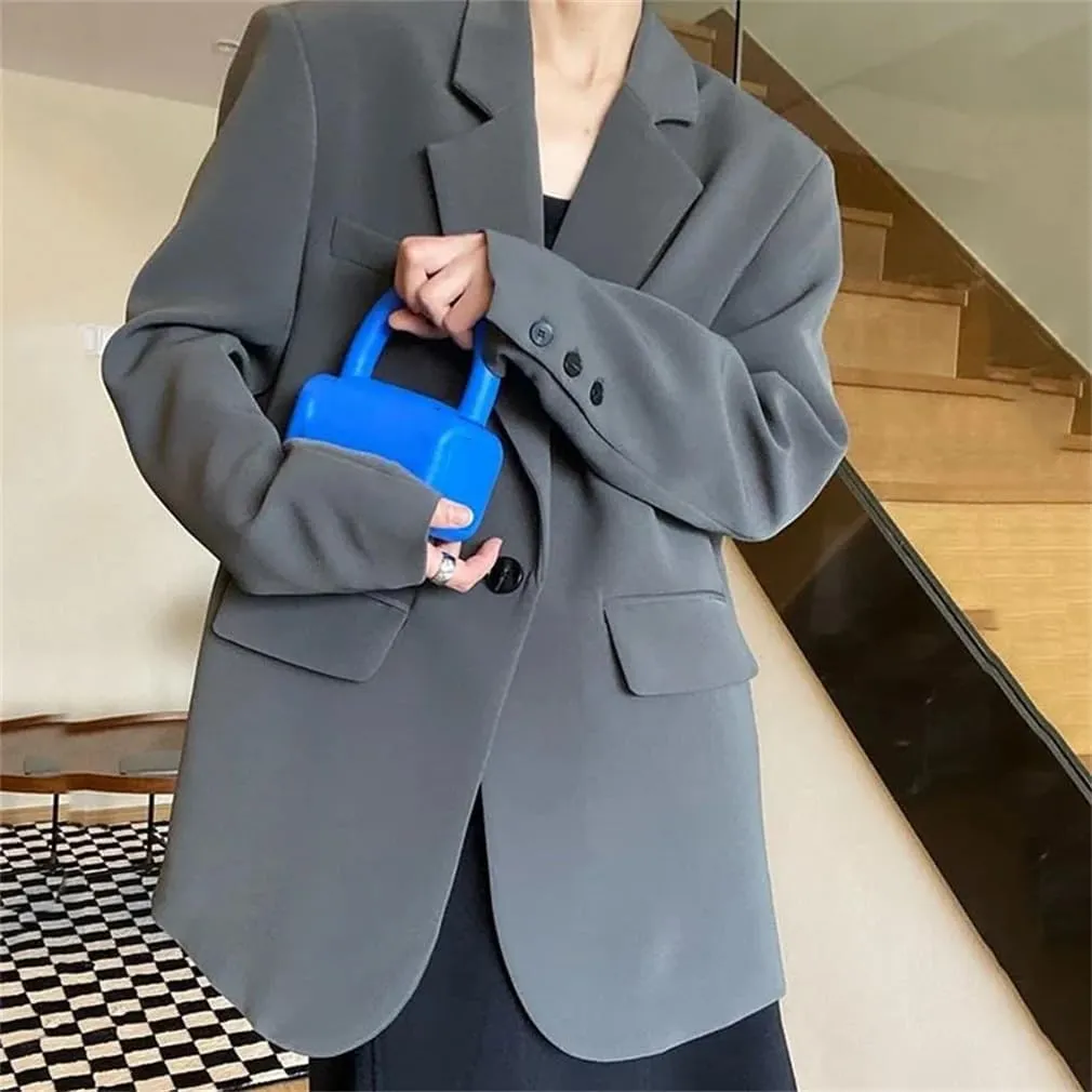 Ladies Loose Single Button Casual Suit Coat Vintage Streetwear Concise Long Sleeve Blazer