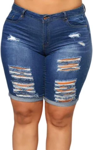 Laeyzuo Women's Plus Size Denim Shorts High Waisted Ripped Folded Hem Summer Jean Shorts