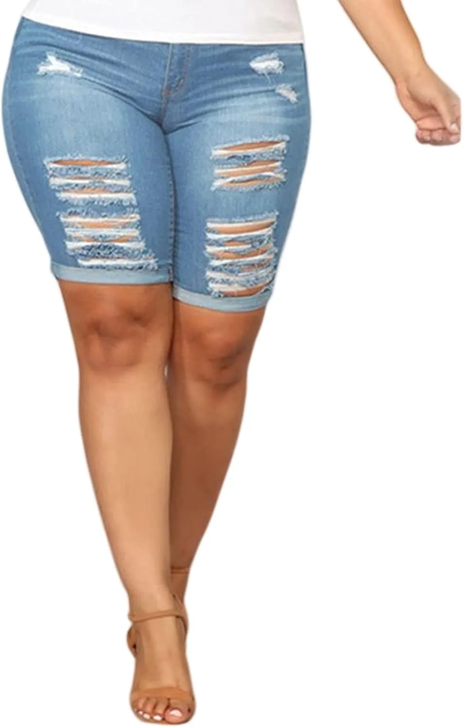 Laeyzuo Women's Plus Size Denim Shorts High Waisted Ripped Folded Hem Summer Jean Shorts