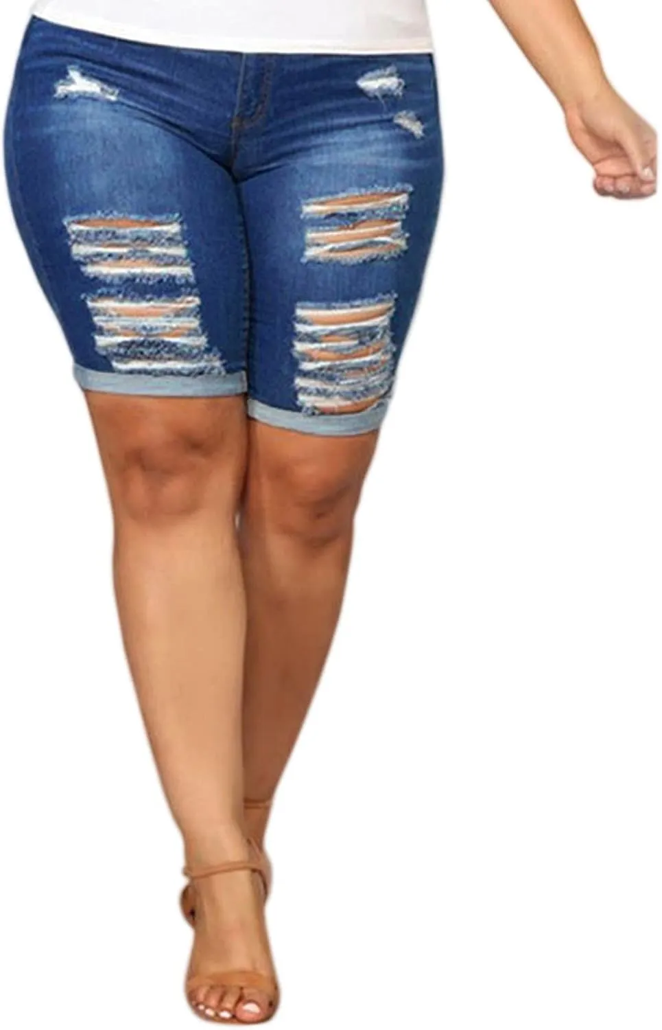 Laeyzuo Women's Plus Size Denim Shorts High Waisted Ripped Folded Hem Summer Jean Shorts