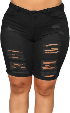 Laeyzuo Women's Plus Size Denim Shorts High Waisted Ripped Folded Hem Summer Jean Shorts