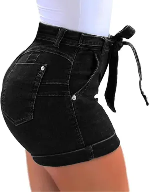 Lailezou Women's High Waist Denim Shorts Casual Classic Stretchy Folded Hem Belt Washed Summer Sexy Shorts Jeans